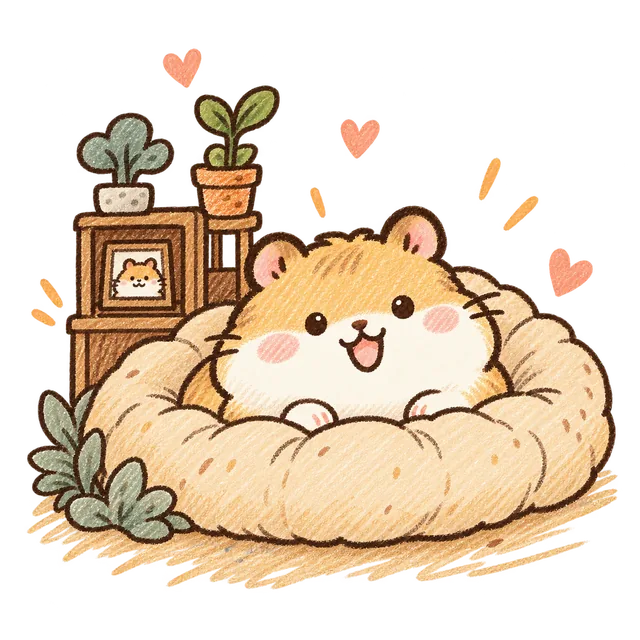 Hami the hamster waving from a cozy cushion, surrounded by small hearts and a houseplant